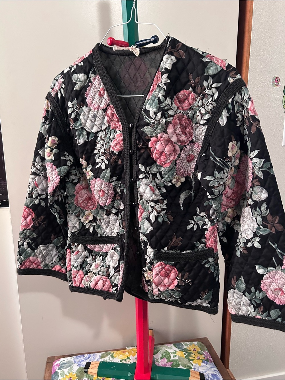 Vintage Quilted Black Floral Jacket with Pink Rose Print